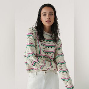 ba&sh Ecru Hicham Jumper Stripe Pointelle Sweater, Ivory, NWT, Size XS